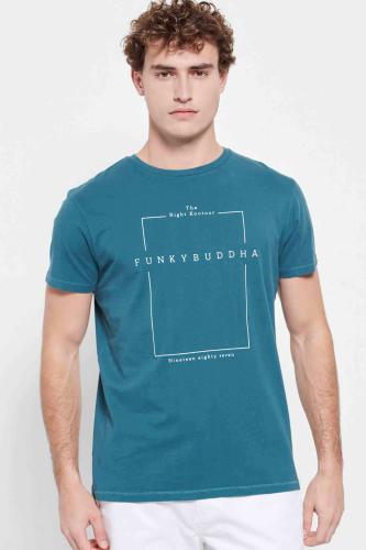 Funky Buddha ανδρικό T-shirt μονόχρωμο με contrast minimal logo print και logo label στο πλάι - FBM007-380-04 Πετρόλ